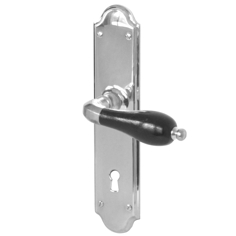 (bild för) Låsbolaget 108 förnicklat med välvd långskylt (dörrhandtag)