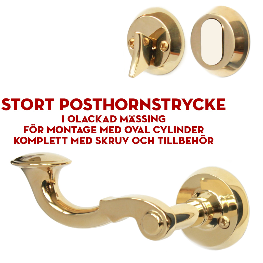 (bild för) Stort Posthornstrycke i olackad mässing för ytterdörr