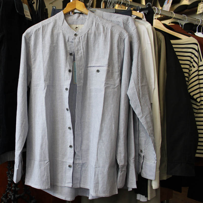 Linneskjorta Collarless Linen Grandad Shirt, Blue/White Stripe