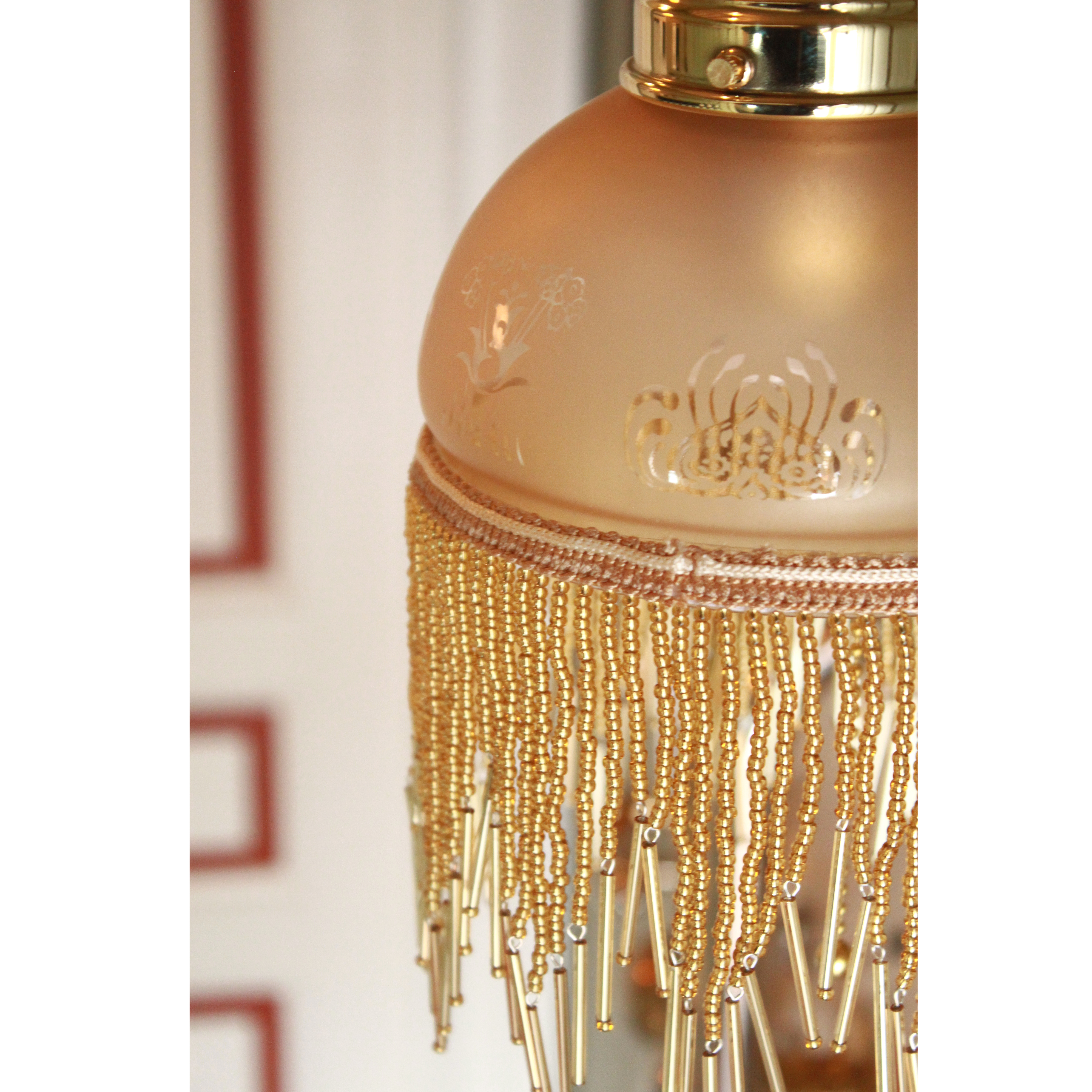 (bild för) Liten taklampa Berlin i olackad mässing champagnefärgad pärlfranskupa